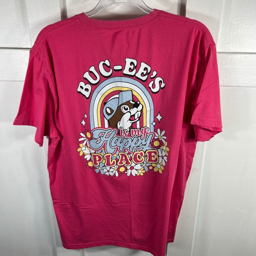 Buc-ee's Happy Place Pink Graphic T-Shirt XL Beaver Rainbow Floral Texas Tee - Picture 4 of 7
